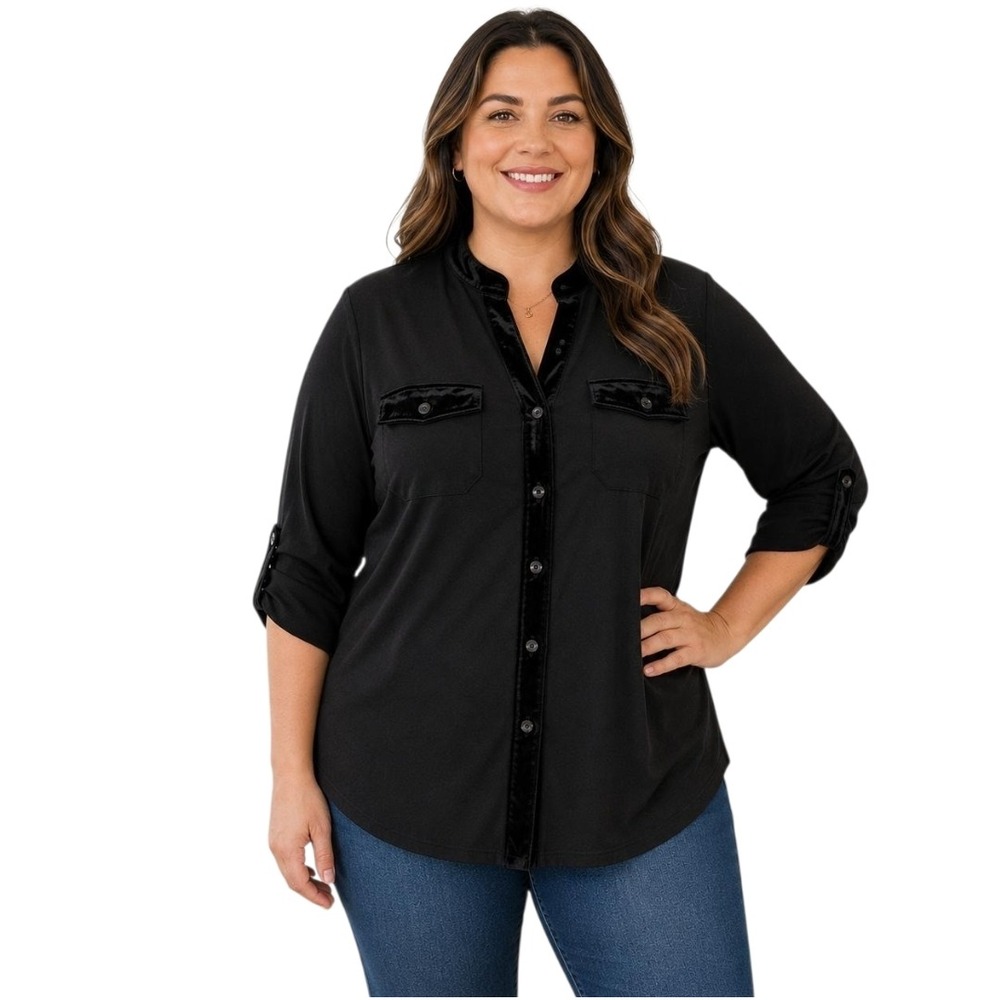 Susan Graver Liquid Knit Top Womens 1X Black Velvet Trim Button Up Blouse